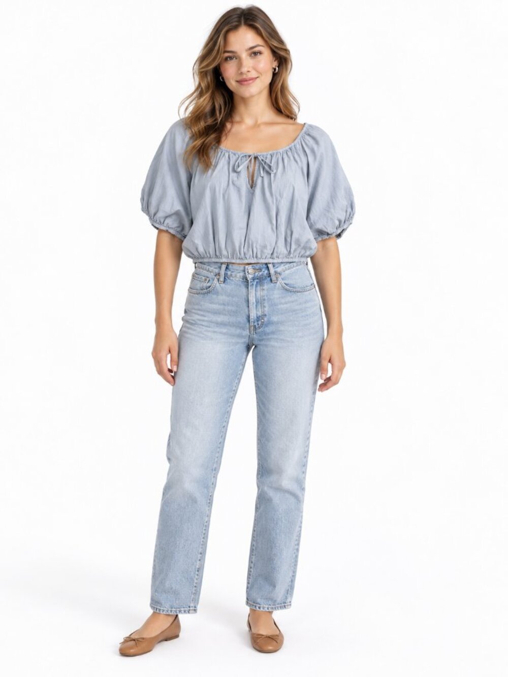 Aritzia Wilfred Free Linen Tie-Front Puff Sleeve Blouse Blue S